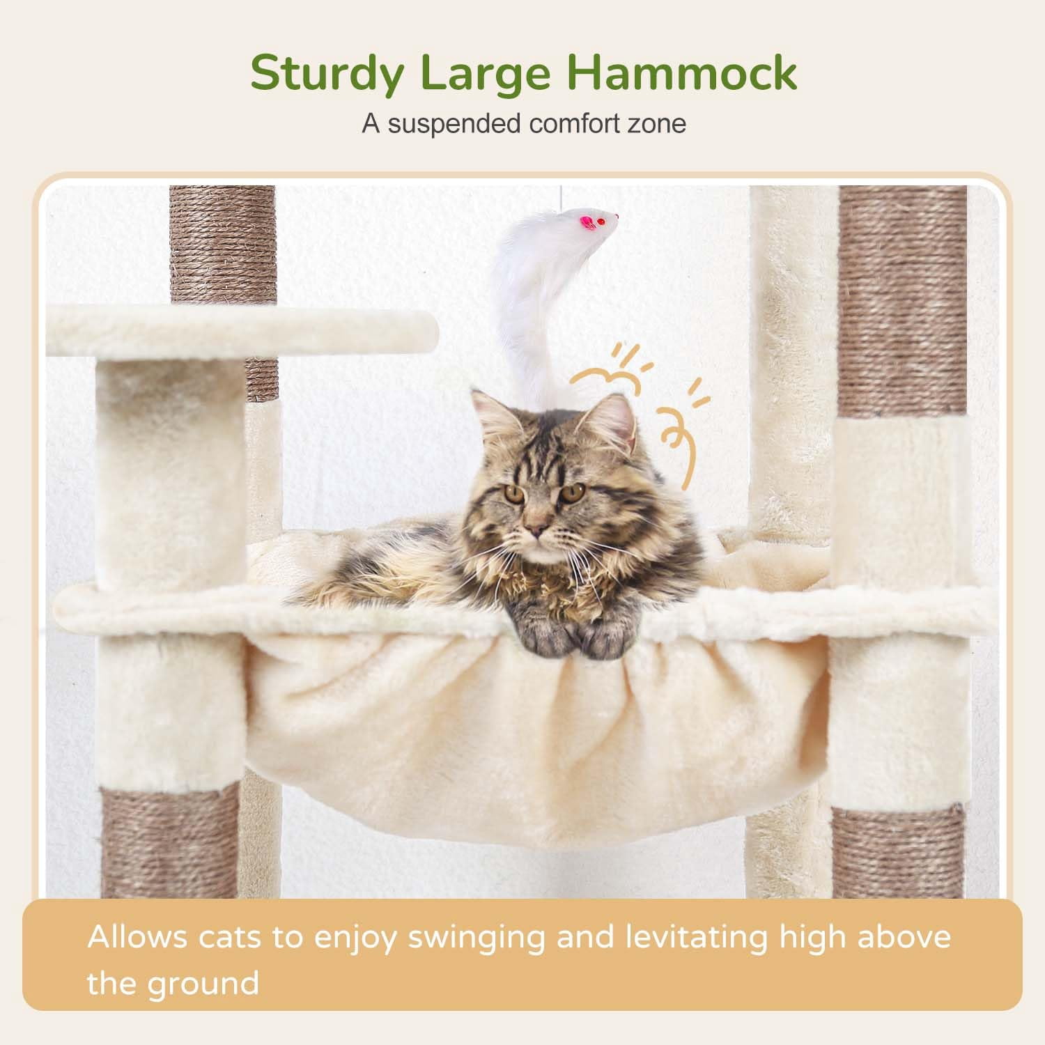 Cat Tree Tower With For Indoor Cats  53inch Tall Plush Multi-level Climbing Condo House Large Hammock Spacious Cave Big Padded Top Perch Bed F53 Beige