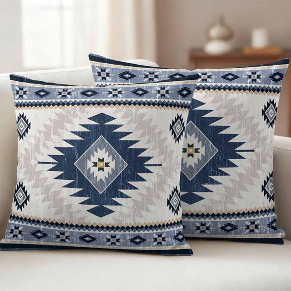Pack of 2 Outdoor Pillow Covers 16x16 Inch Waterproof Blue Beige Boho Throw Pillow Covers,Decorative Couch Pillow Shams Protectors Vintage Ethnic Tribal Southwestern Patio Pillowcases Cushion Covers