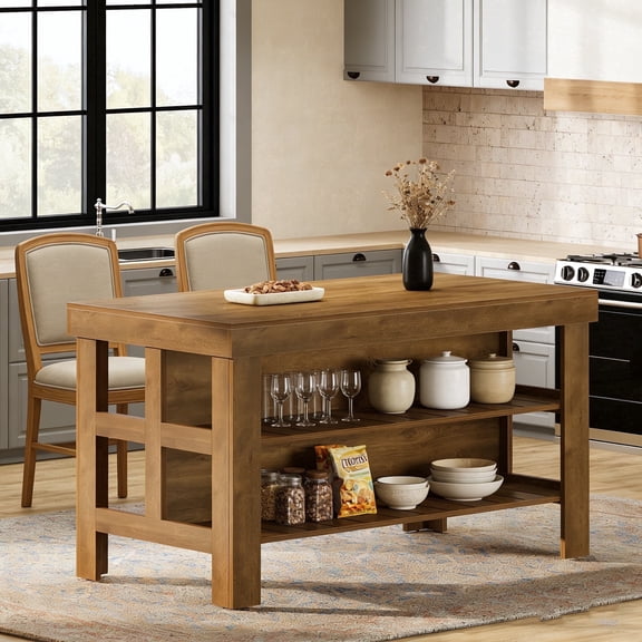 Tribesigns 55-in Kitchen Island, Farmhouse Wooden Island Table with Storage for Kitchen Dining Room (Brown)