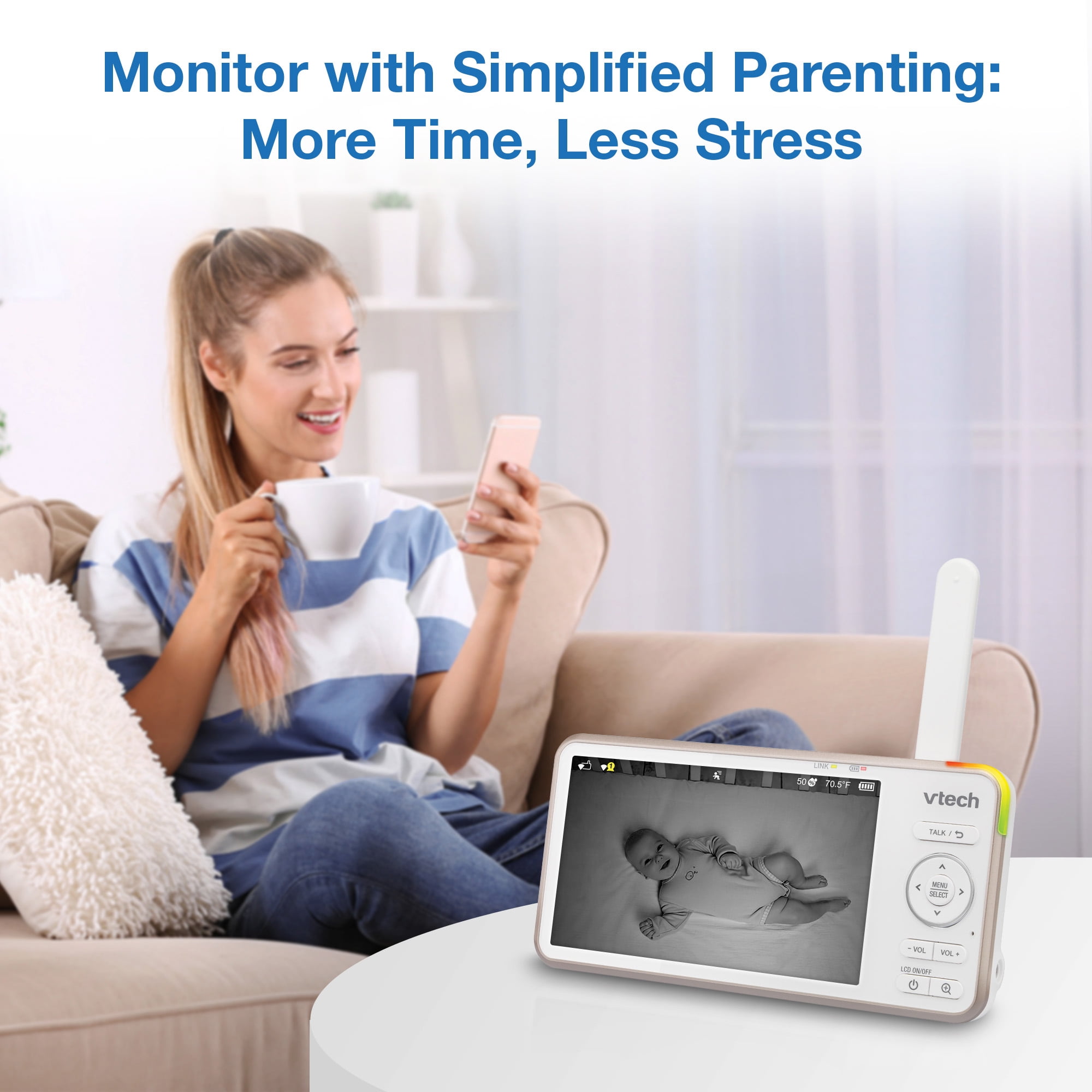 VTech V-Care 1080p WiFi Smart Nursery Remote Access Over-the-Crib Floor Stand Video Baby Monitor with 5' High Definition 720p, Artificial Intelligence, Rollover and Face Covering Detection, VC1405