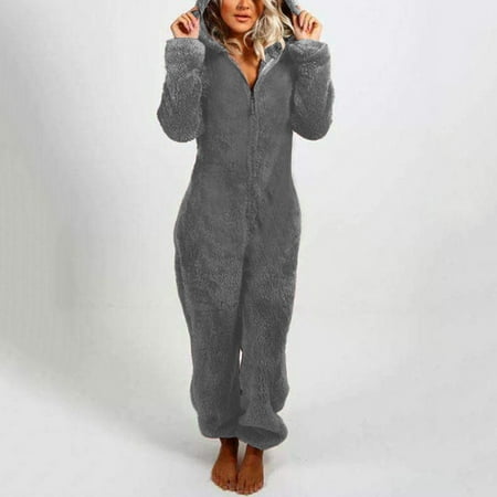 

FZM Women Long Sleeve Hooded Jumpsuit Pajamas Casual Winter Warm Rompe Sleepwear