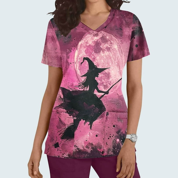 Fiudx Tops para Mujer Top de Trabajo con Bolsillo y Manga Corta con Estampado de Halloween y Cuello En V para Mujer