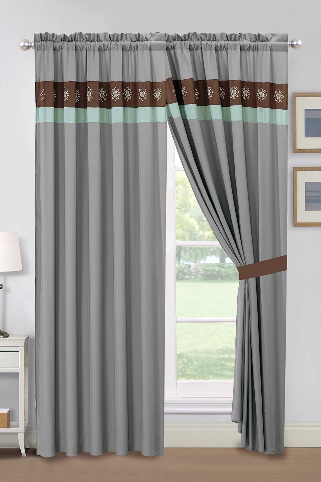 4 Pc Dahlia Tropic Floral Blossom Embroidery Curtain Set Mint Green Brown Gray Drape Sheer Liner Walmartcom Walmartcom