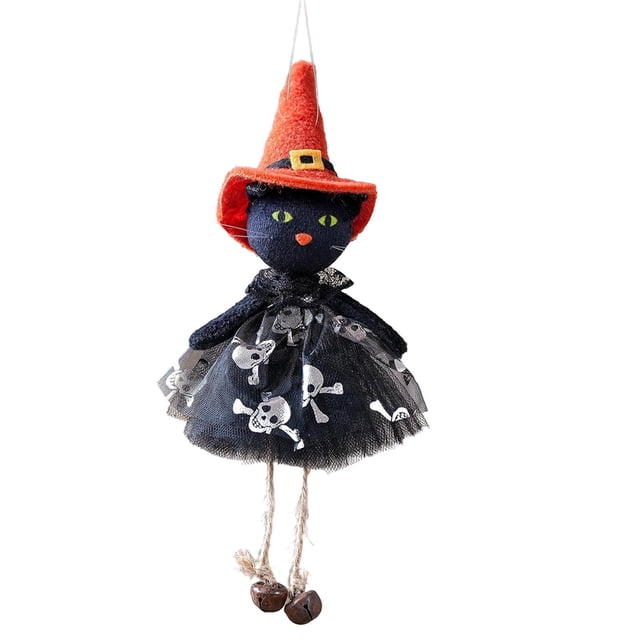 Vestido de Gasa de Halloween con Colgante de Muñeca, Gatos Negros, Bruja, Calabaza y Fantasma, con Cascabeles, Decoración Colgante.