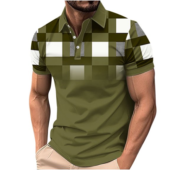 ZQUUVOU Men's T-Shirt Turndown Collar Printed Casual Short Sleeved Lapel Shirt (B-Black,L)