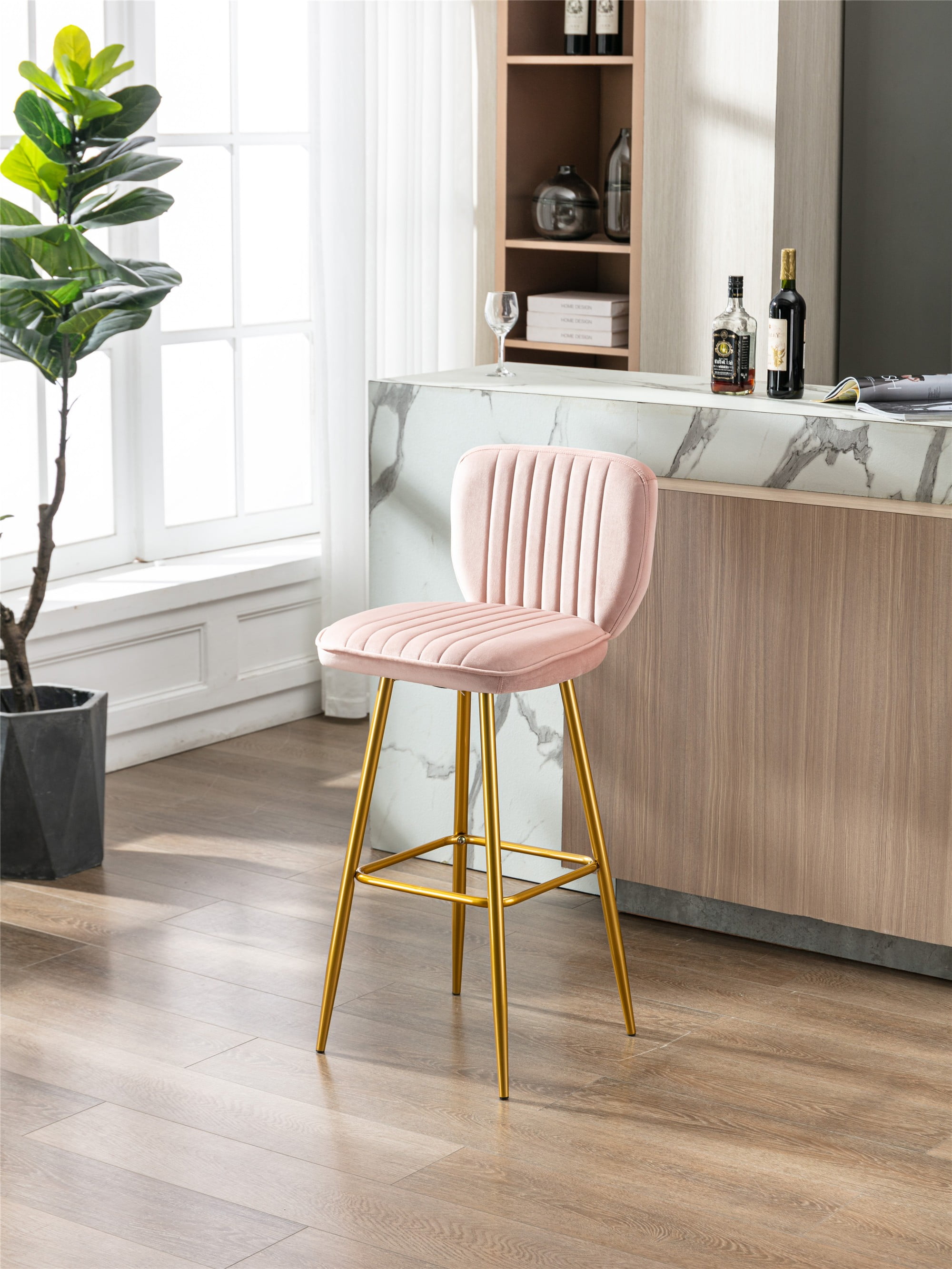 Velvet Bar Stools with Back and Footrest, Counter Height Dining Chairs with Metal Legs for
