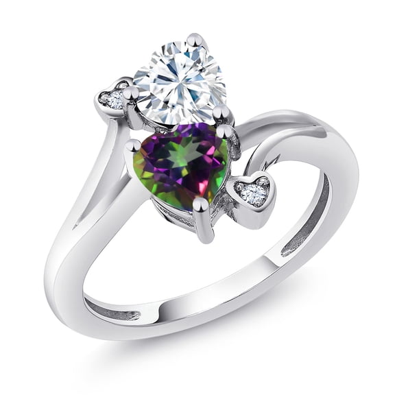 Gem Stone King 925 Sterling Silver White Moissanite Green Mystic Topaz Ring for Women (1.78 Cttw, Heart Shape 6MM, Gemstone Birthstone, Size 9)