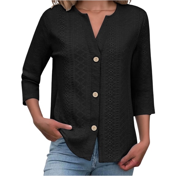 WTXUE Women'S Eyelet Embroidery Shirts Button Down V Neck 3/4 Sleeve Tops Loose Business Outfits Casual Blouse Loose Fit Lightweight Breathable Casual Work Office Blouse Plus Size Tops Black L