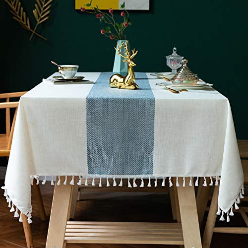 Oubonun Tablecloth For Dining Table Rustic Farmhouse Kitchen Cloth Coffee Cover Cotton Linen Fabric Small Rectangle Cloths 4 To 6 Seats Beige Blue Stripe 55x70 Com Oubonun Tablecloth For Dining Table, What Size Tablecloth For A Table That Seats 4