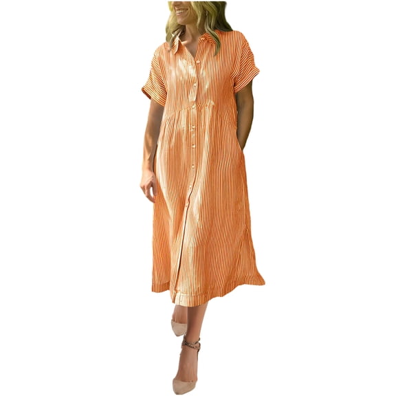 FRSASU Women's Boho Striped Midi Shirt Dresses Short Sleeve Button Down Casual Loose Fit Vacation Beach Sundress Orange