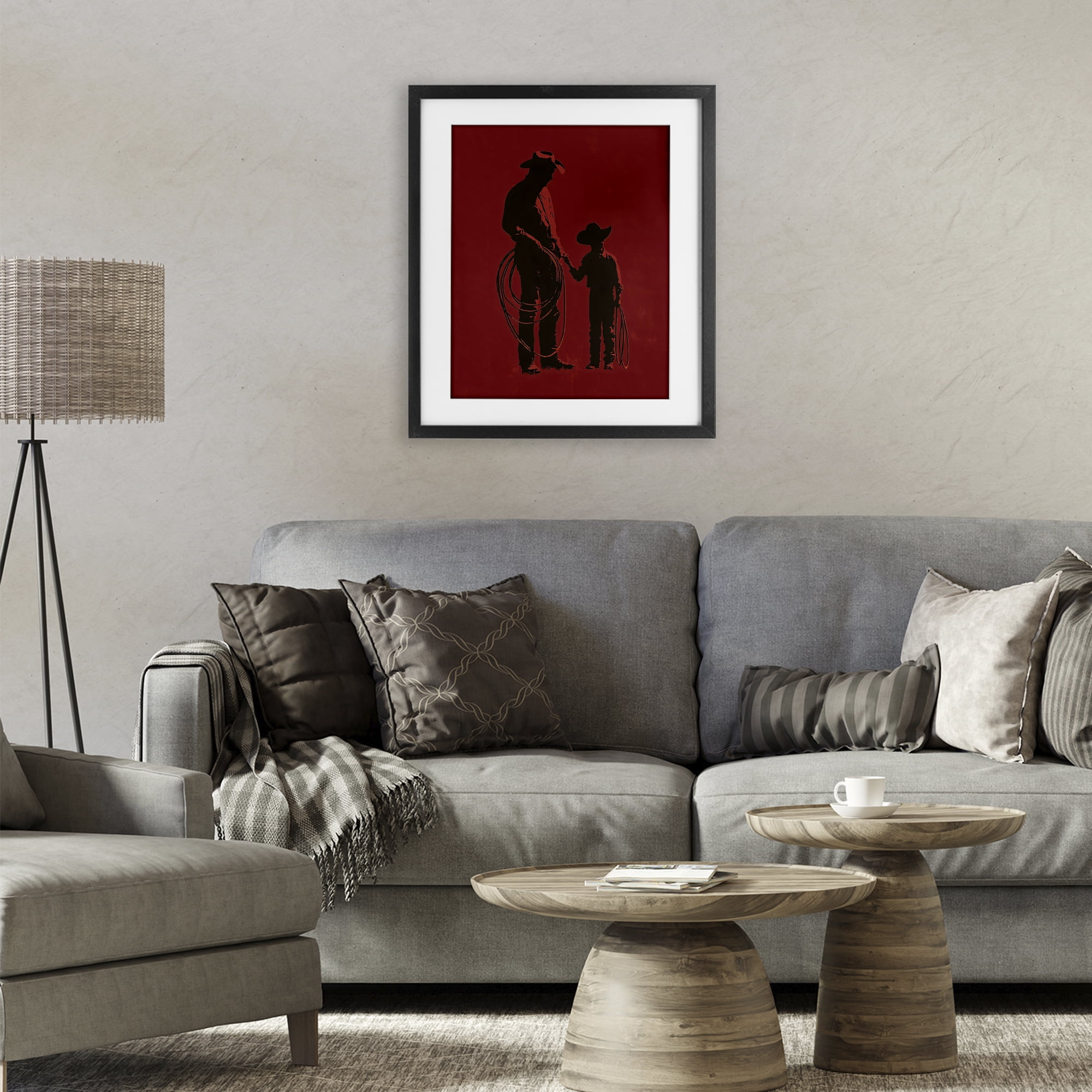 Burgundy Cowboy Father & Son Black Framed Print Under Glass, design by Arlington Prints