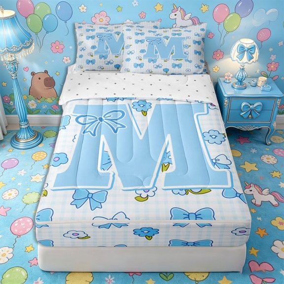 Castle Fairy Blue Bow Letter M Zipper Twin Comforter Sets with Fitted Sheet and 2 Pillowcases for Girls,Cute Flowers Zipper Bedding Set,4-Piece,Reversible