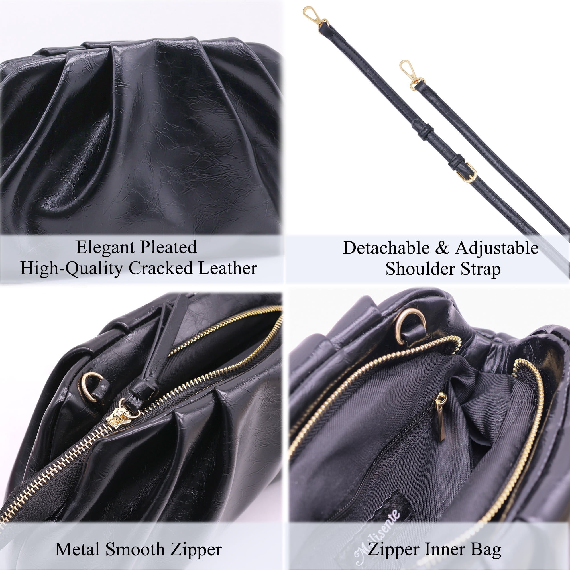 Milisente Womens Pleated Cloud Clutch Bag Shiny PU Leather Evening Purse Detachable Shoulder Strap For Wedding Prom Party(Black)