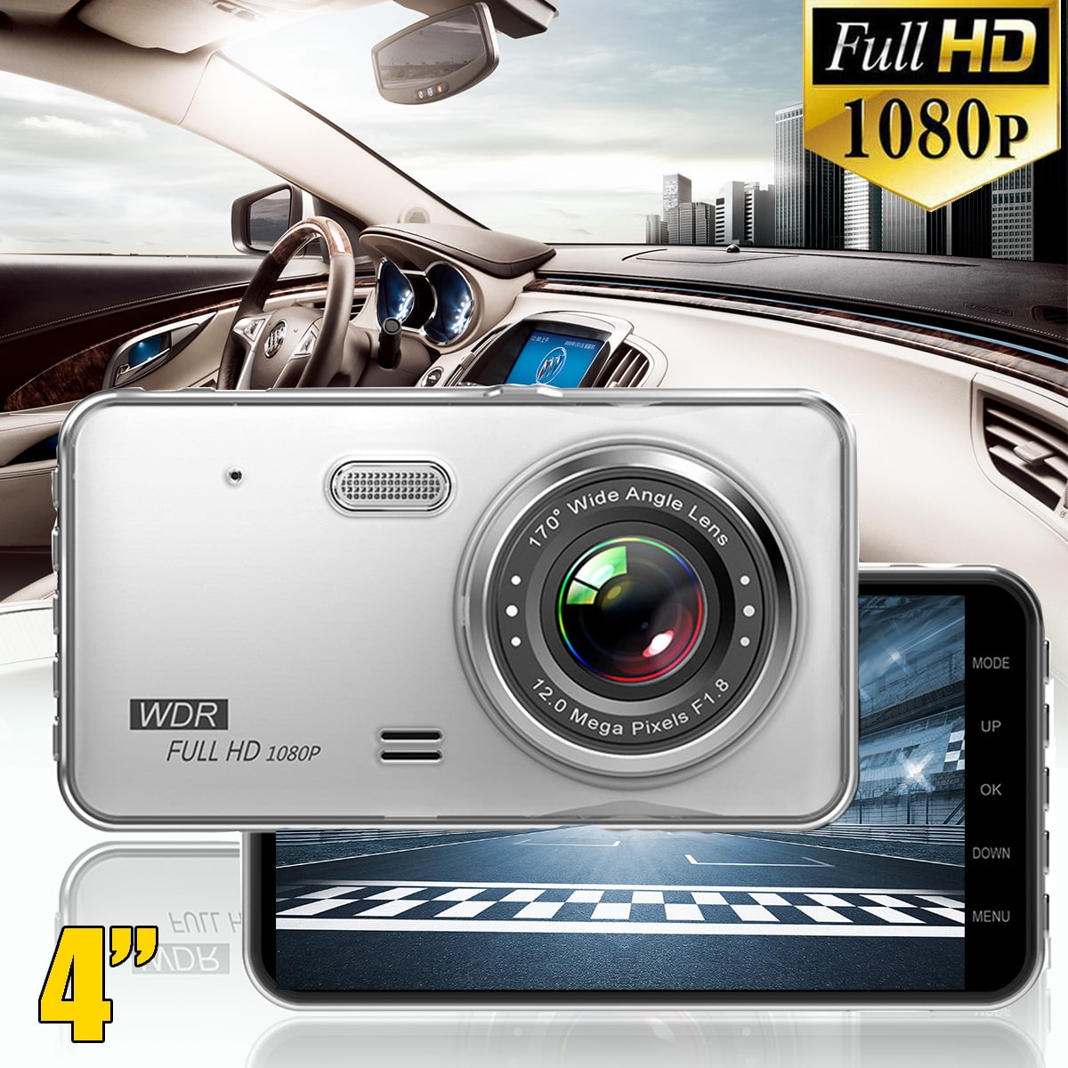 4'' 1080P Dual Lens Car Dash Cam Front & Rear Camera Dashboard DVR