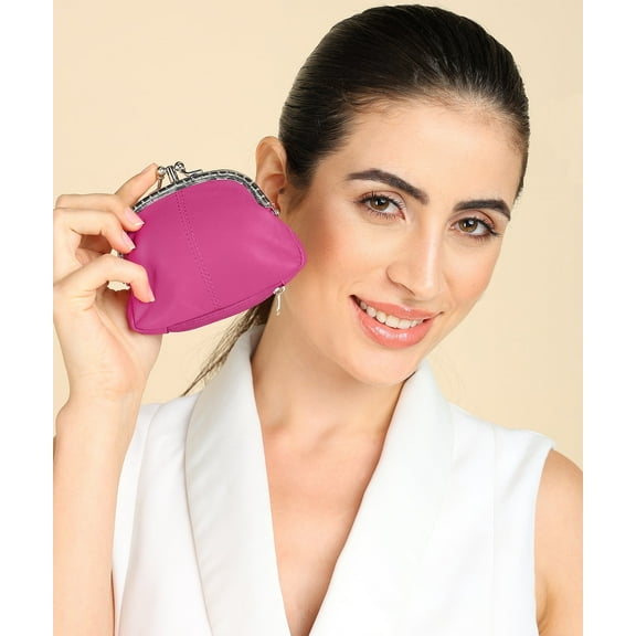 Leatherboss Coin Purse  Double Frame with Zipper Pocket, Pink