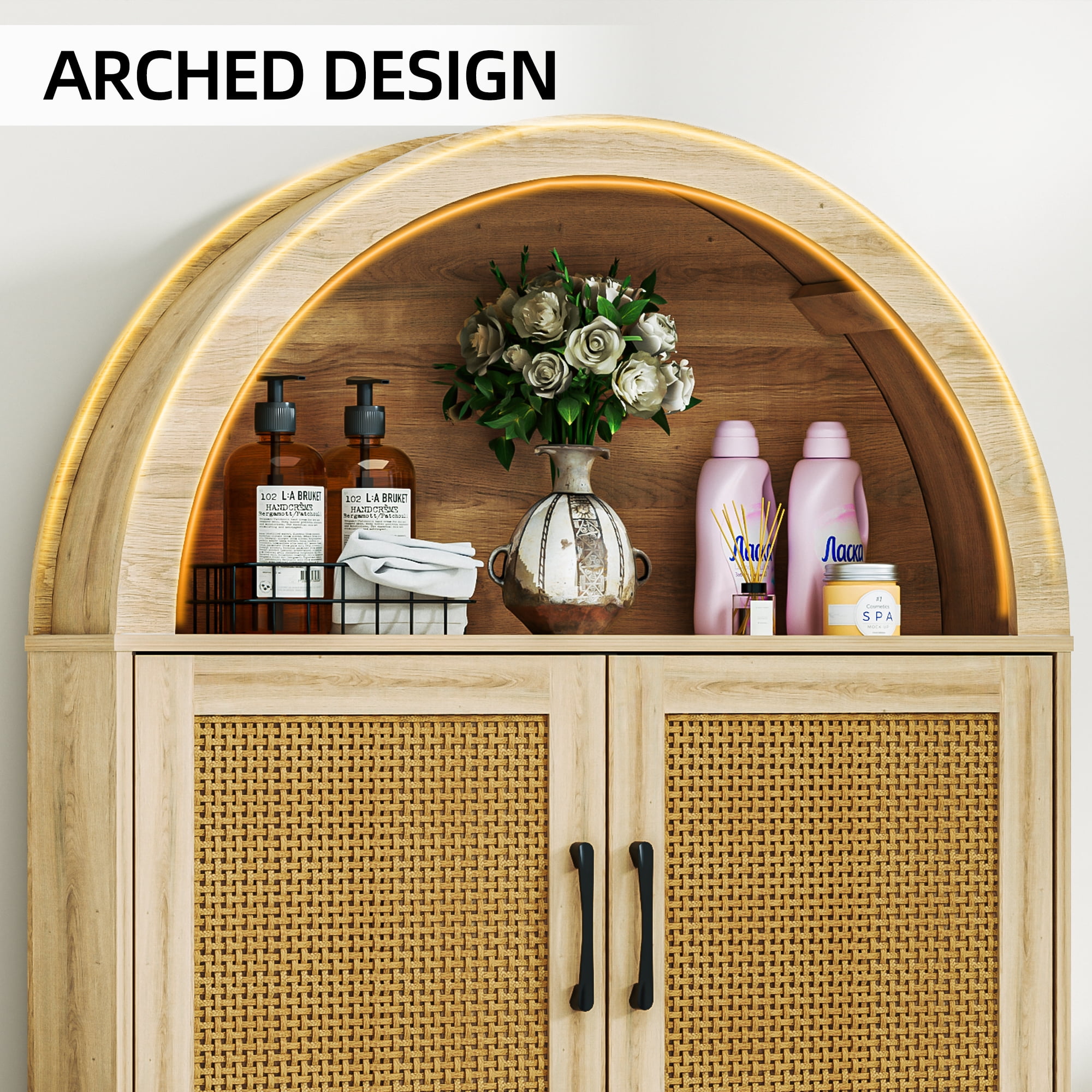 AHB Over Toilet Storage Cabinet with Arc Design, Freestanding Bathroom Organizer with Doors, 7.7"D x 30.5"W x 67.7"H, Wood Color