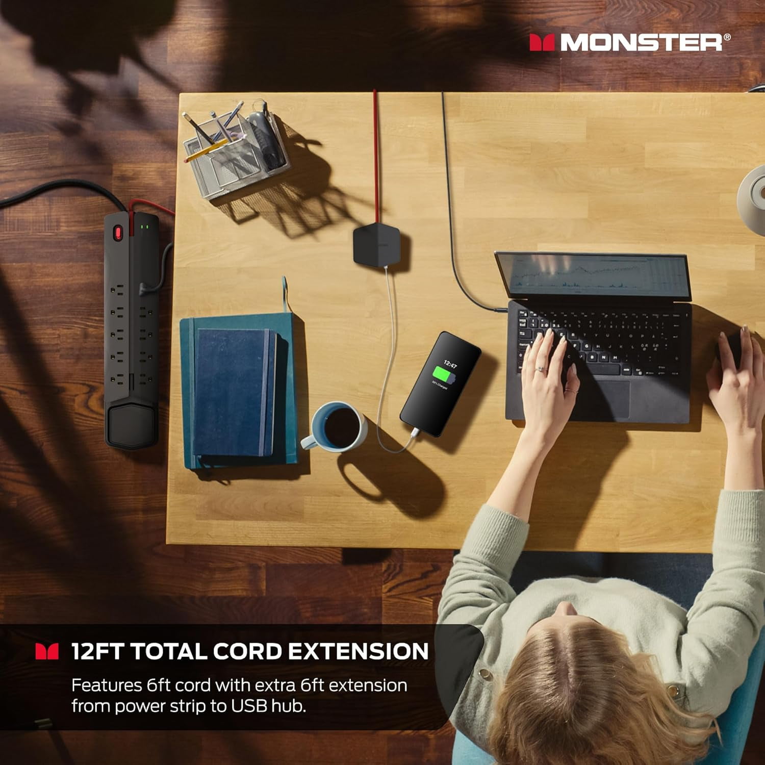 Monster Power Center Vertex XL: Surge Protector Power Strip, 10 AC Outlets, 2 USB-A, 1 USB-C (20W)