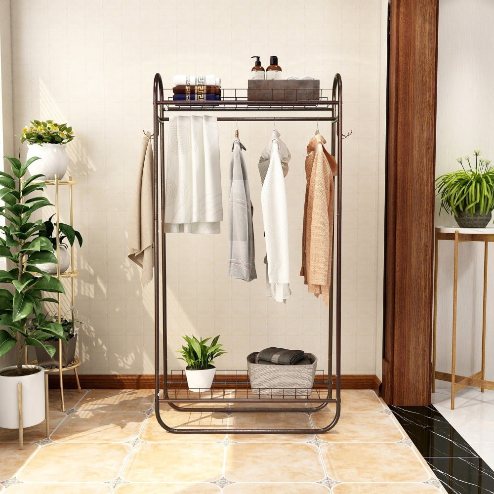 Heavy Duty Garment Rack, Freestanding Metal Clothes Rack with Double Shelves, 200 lbs Capacity, Portable Rolling Clothing Rack, Brown