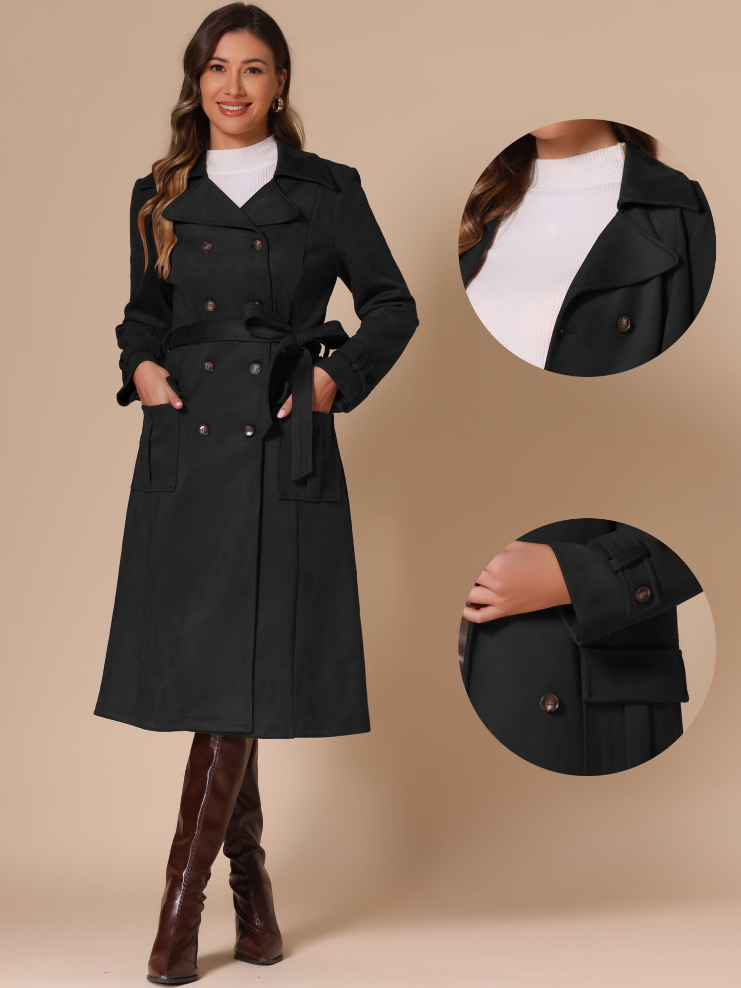 DARING DIVA Women's Long Faux Suede Fall Winter Trench Coat with Pockets S Black