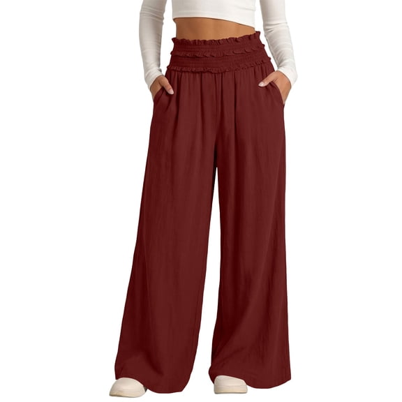 Noric Women's Cotton Loose-Fit Wide Leg Casual Pants with Elastic Smocked Waist Lounge Street Style Pants