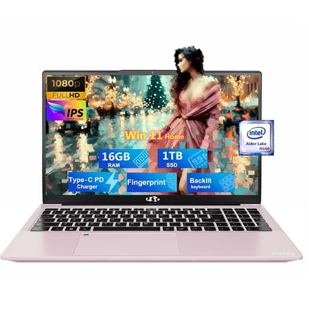 15.6'' FHD Laptop Computer, 16GB RAM 1TB SSD, Type-C 65W PD Fast Charger, 12th Gen Intel N100 Processor, Windows 11, Fingerprint, Backlit keyboard, WiFi 6 (Rose Gold)