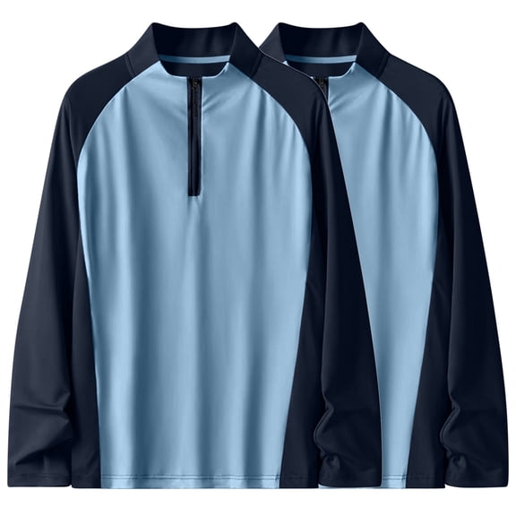 2 Pcs Mens Running Raglan Shirts Lightweight Quarter Zip Workout Sports Tops Color Block Long Sleeve Training Gym Shirts Blue, 3XL