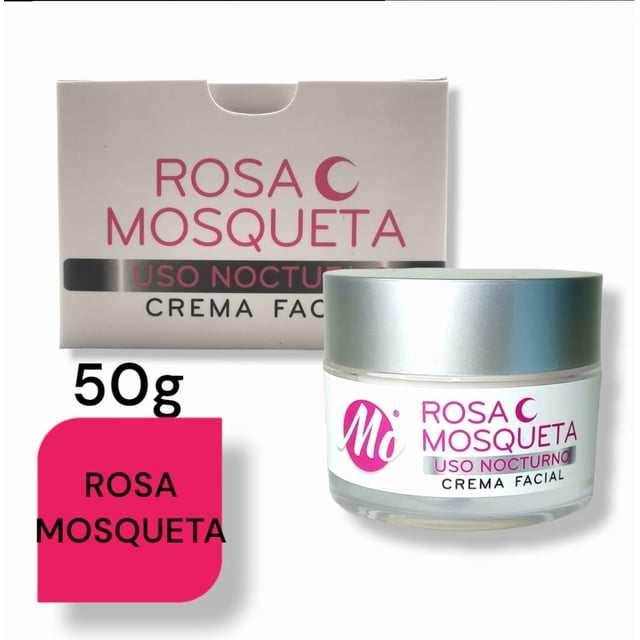 crema de rosa mosqueta crema facial de noche Morgan Cosmetics, tarro de vidrio con tapa plateada y etiqueta blanca y rosa junto a su caja sobre fondo blanco; uso nocturno 50 g visible; contiene aceite de rosa mosqueta, aceite de aguacate y aceite de semilla de uva; a menudo se usa como apoyo puntual para humectar y tratar manchas y líneas de expresión.