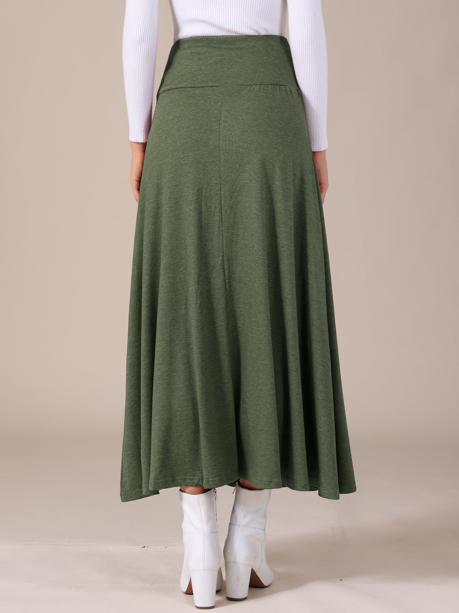 DARING DIVA Women's Foldable High Waist Flowy Flare Maxi Skirts XS Army Green