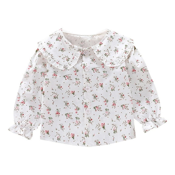 Zpanxa Toddler Girls All Over Strawberry Print Ruffled Peter Pan Collar Blouse Button Front Flounce Cuff Long Sleeve Woven Casual Tops