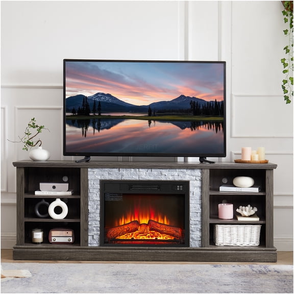 JERFIT 70 inch Modern TV Stand with Electric Fireplace, Faux Stone Media Console with Storage Cabinet, Large Entertainment Center for TVs up to 75, Grey