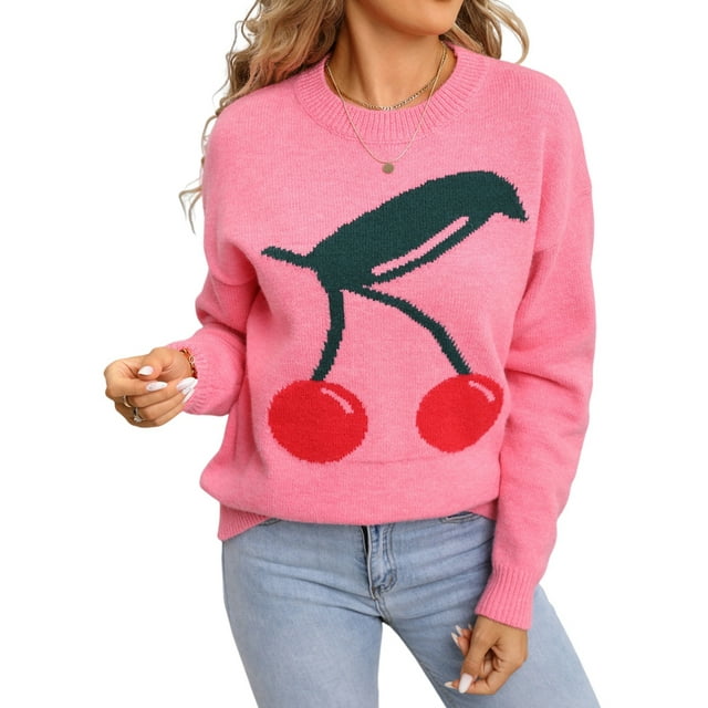 Chandails Mignons en Tricot Épais pour Femmes Tendance Imprimé 3D Cerise Automne Hiver Chaud Col Rond Tricoté Chandail Rose m