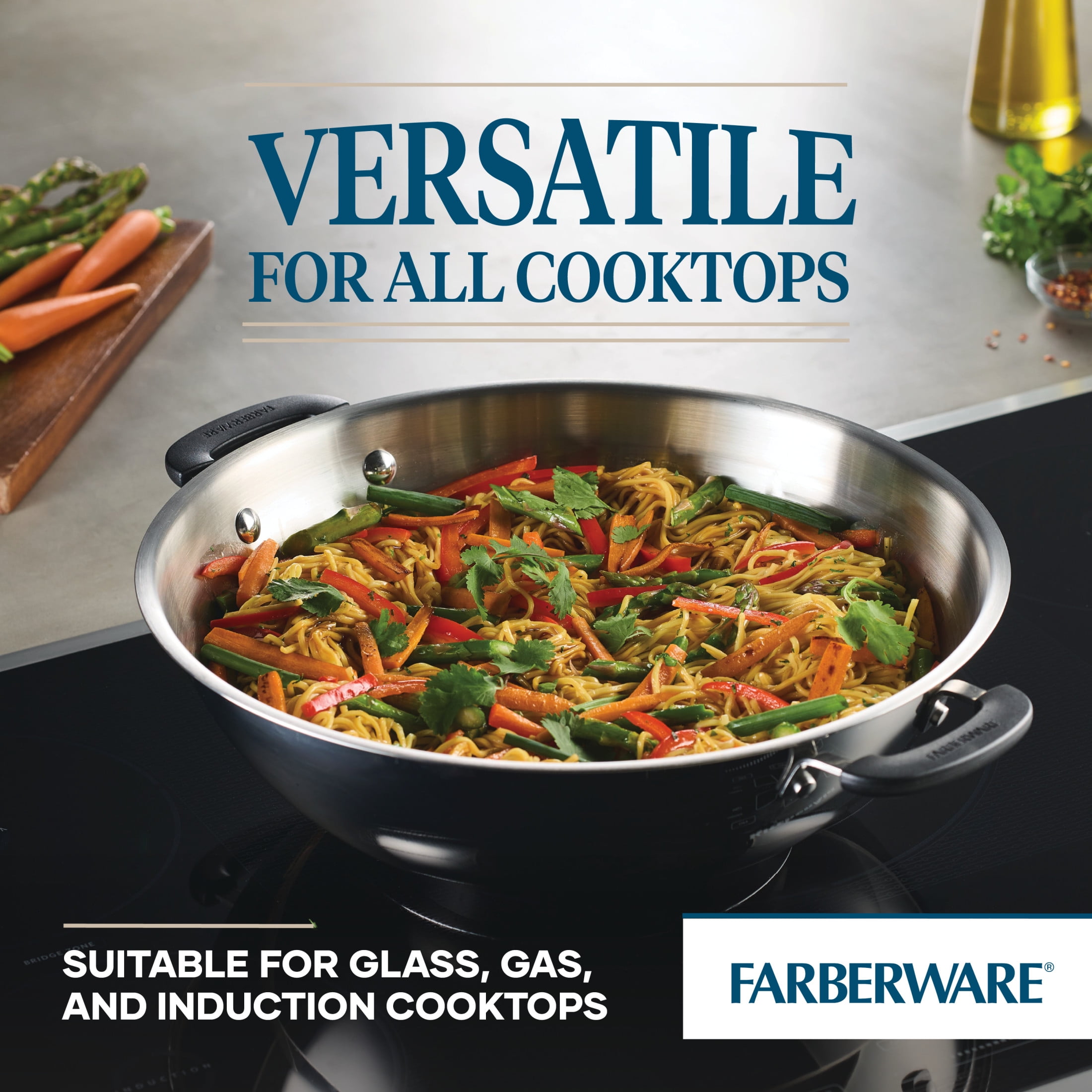 Farberware Brilliance 14 Inch Wok Induction Compatible, Metal Utensil and Dishwasher Safe, Stainless Steel