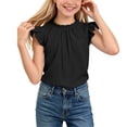 thumbnail image 2 of BLTIBY Girls Ruffle Sleeve Tops Pleated Crew Neck T-Shirts Summer Comfy Tee Shirts Solid Color Basic Tshirts for Kids Black 9-10 Years, 2 of 9