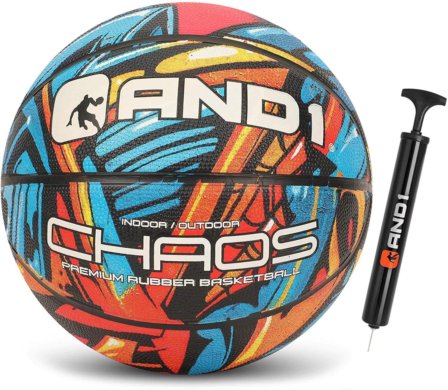 AND1 Chaos Rubber Basketball & Pump, Blue & Orange Graffiti, 29.5