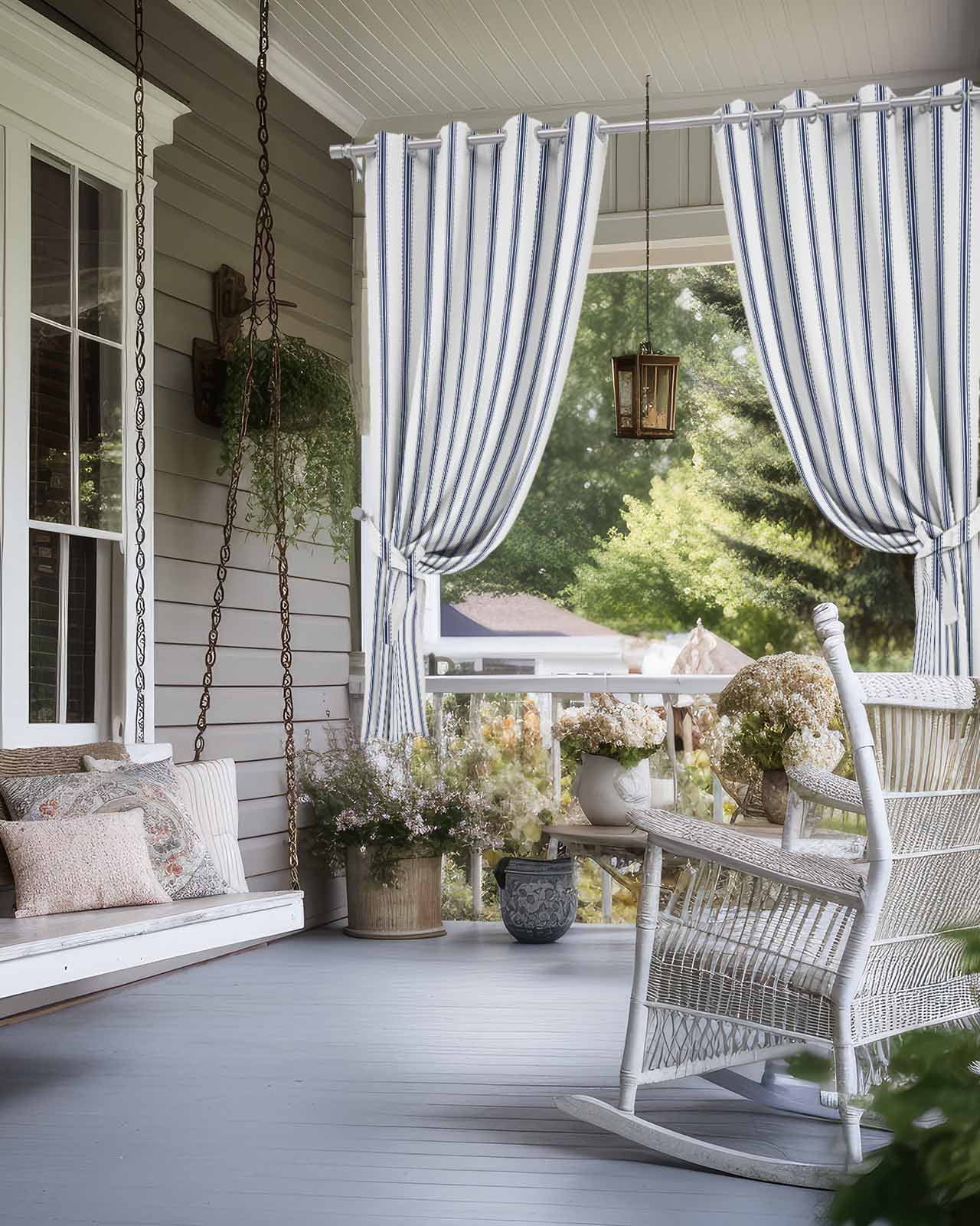 Navy Blue Striped Outdoor Curtains for Patio, Navy Blue White Stripes Farmhouse Privacy Drapes Grommet Waterproof Outside Curtains for Porch/Cabana/Balcony 54"x 84", 2 Panel