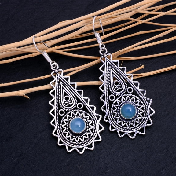 Natural Blue Chalcedony Gemstone 925 Sterling Silver Earring 2.30"