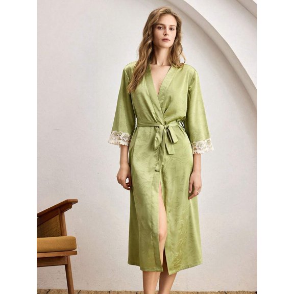 Womens Green Satin-Like Jacquard Robe With Lace Trim And Tie Waist