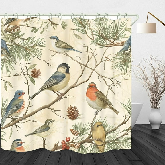Birds Rustic Print Shower Curtain for Bathroom Watercolor Spring Summer Tree Branch Cute Lovely Classy Twig Oil Painting Herbs Decor Fabric Polyester Waterproof-48"W x 72"L (Pack of 1)