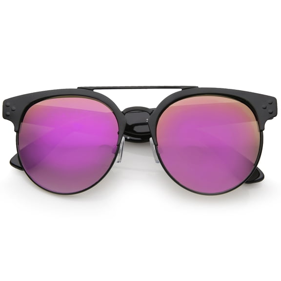 sunglassLA Unisex Modern Horn Rimmed Brow Bar Colored Mirror Round Aviator Sunglasses (Black-Black / Magenta Mirror) - 54mm