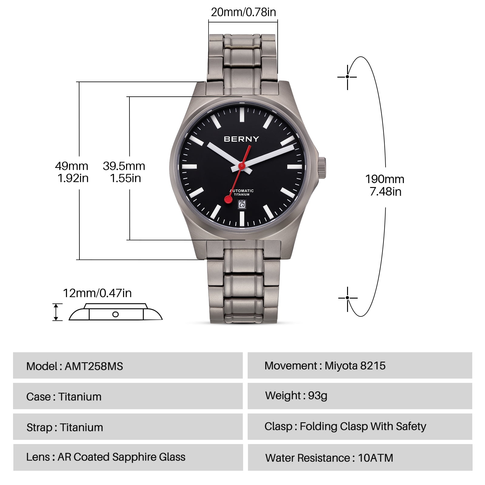 BERNY Automatic Titanium Watches for Men, Sport Casual 10ATM Waterproof Analog Mechanical Watch with Date, Super Luminous, Sapphire Crystal, Fashion Minimalist Men's Wrist Watch (Black)