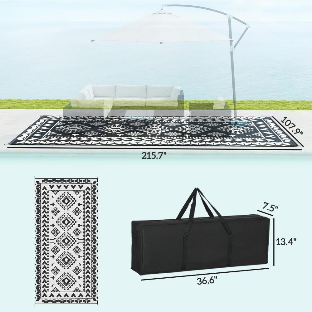 9' x 18' Black & White Rhombus Patchwork Reversible Outdoor Rug, Waterproof Patio Camping Mat with Carry Bag, Foldable Portable Indoor Outdoor RV Carpet
