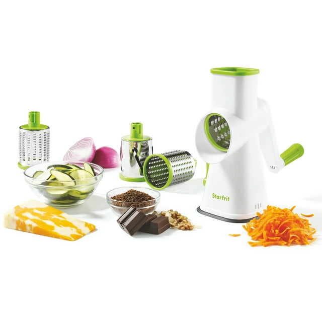 Starfrit Râpe à Tambour Avec 4 Barillets en Inox Interchangeables, Lames Ultra Tranchantes, Base Ventouse Stable, Poussoir Sécuritaire, Parfaite Pour Râper Et Trancher Légumes, Fromage, Glace Râpée