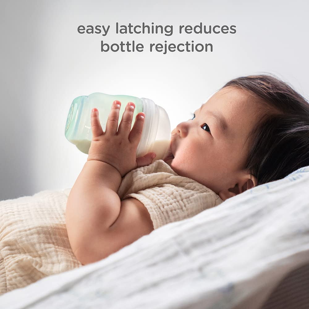 Olababy Gentle Silicone Baby Bottle, Anti-Colic, BPA free, Easy to Clean and Wide Neck Baby Bottles Best for Breast Feeding Babies 3 Piece Set (4 Ounce, Sky)