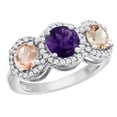 thumbnail image 1 of 10K White Gold Natural Amethyst & Morganite Sides Round 3-stone Ring Diamond Accents, size 5, 1 of 2