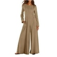 thumbnail image 3 of QATAINLAV Jumpsuits for Women Casual Long Sleeve One Piece Baggy Romper Solid Color Crewneck Wide Leg Onesie Pants with Pockets, Khaki, XXL, 3 of 9