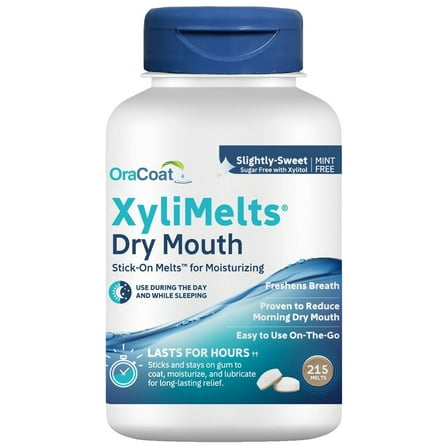 OraCoat® XyliMelts Dry Mouth Stick-on™ Melts Slightly Sweet with Xylitol, for Dry Mouth, Stimulates Saliva, Non-Acidic, Day and Night Use, Time Release for up to 8 Hours, 215 Count