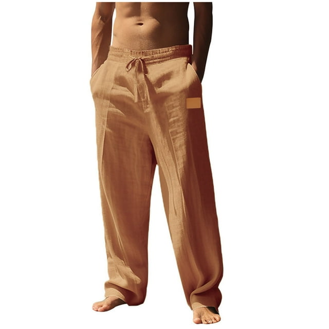 Mustard Yellow Mens Straight Leg Basic Long Leg Pants for Man Faux Linen Work Cargo Modest Lounge Uniform Going Out Summer Fall 2025 Clothes Y2K L