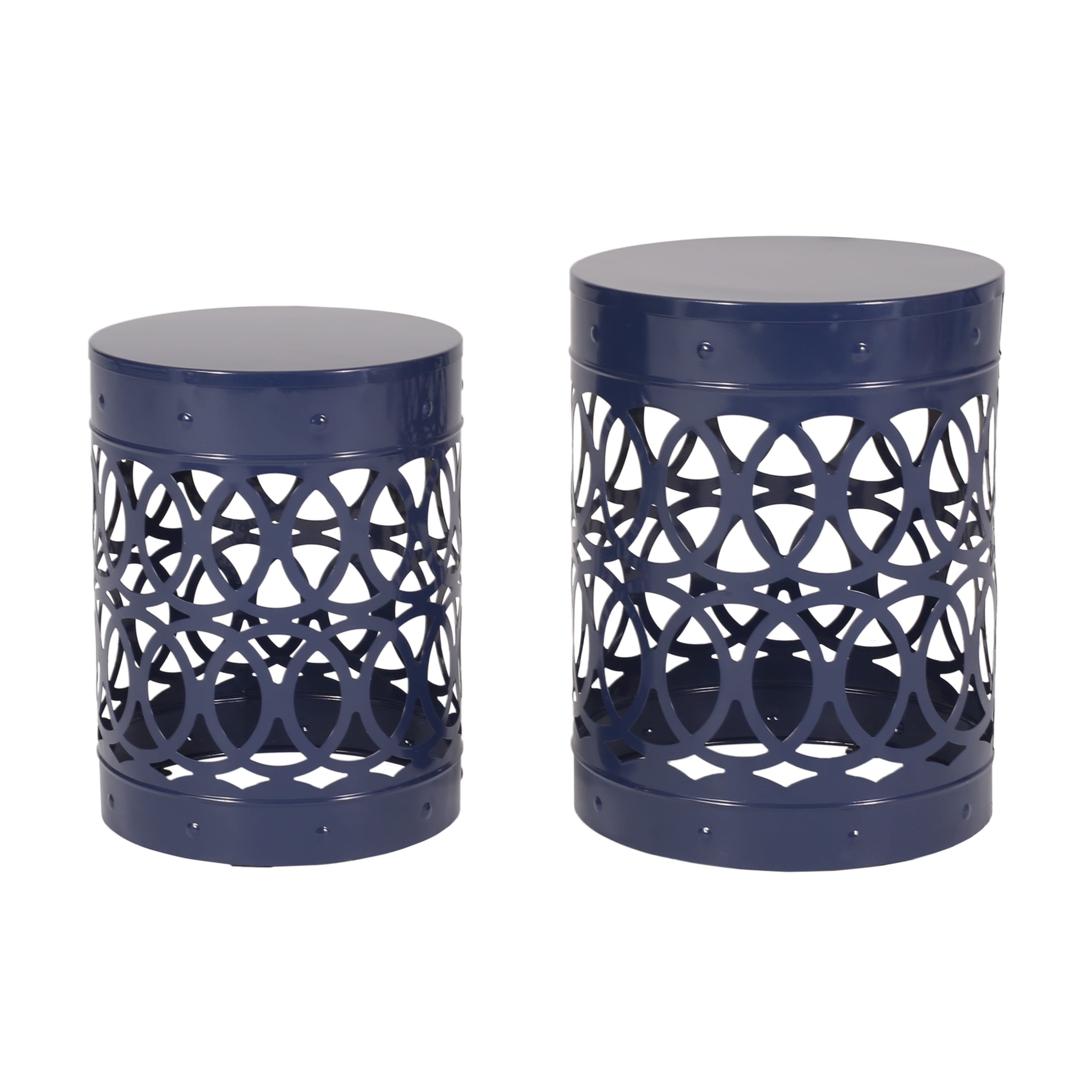 Outdoor Nesting Side Table Set of 2, Cylindrical Hollow Out Iron Structure for Patio Garden, Navy Blue