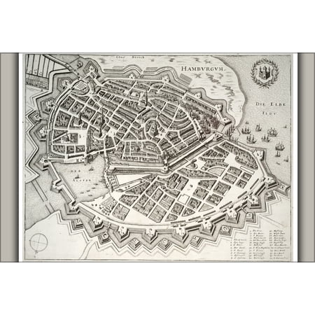 24"x36" Gallery Poster, Map of Hamburg Germany by Wenzeler Hollar 17th Century