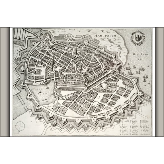 24"x36" Gallery Poster, Map of Hamburg Germany by Wenzeler Hollar 17th Century